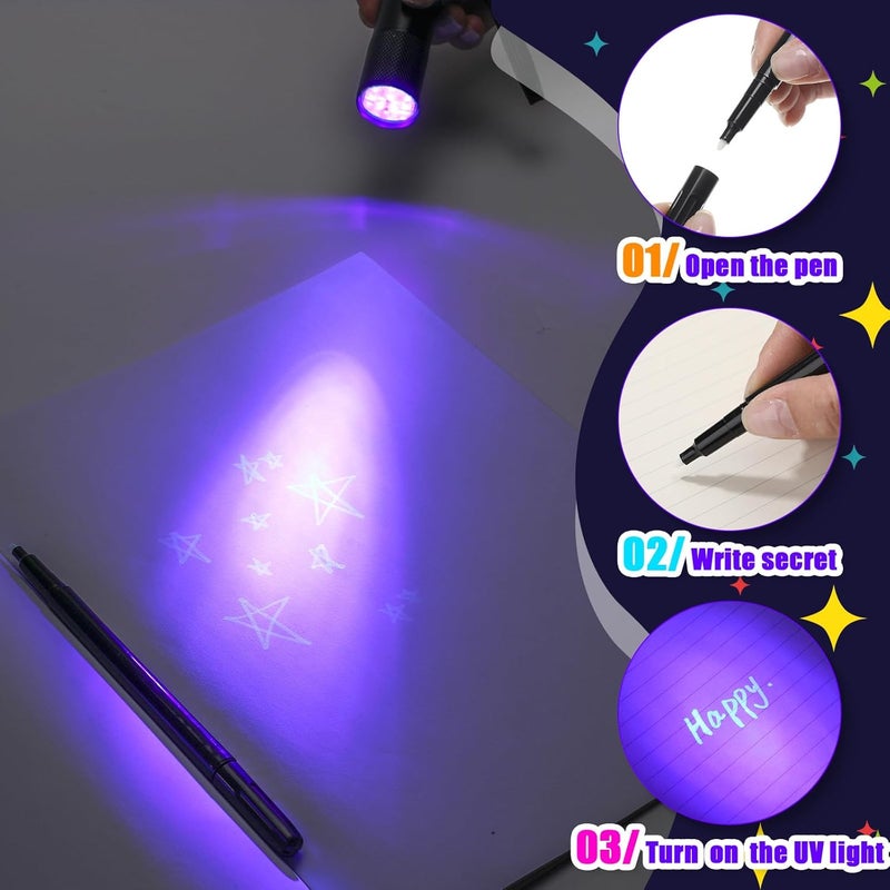 Tegeme 10 Pcs Blacklight Pen Set 5 Invisible Ink Pen 5 Blacklight Flashlights, UV Pen Invisible Ink Marker Black Light Markers for Spy Secret Holiday Gift Party Favors(Classic) - Image 5